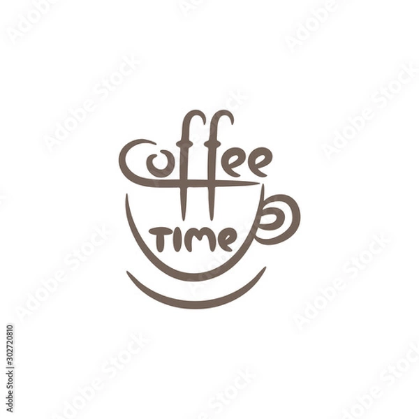 Fototapeta Coffee cup - hand drawn isolated vector illustration with twxt "coffee time". Simple design for cafe, menu, stamp, print