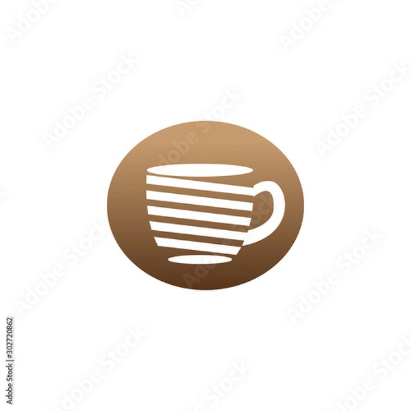 Fototapeta White coffee or tea cup silhouette on brown ellipse. Mug emblem for cafe, menu. Vector element for your design