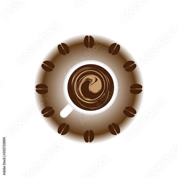 Fototapeta Coffee time vector illustration. Abstract clock face with beans in place of numbers and mug with coffee. Vector illustration for cafe, menu, shop