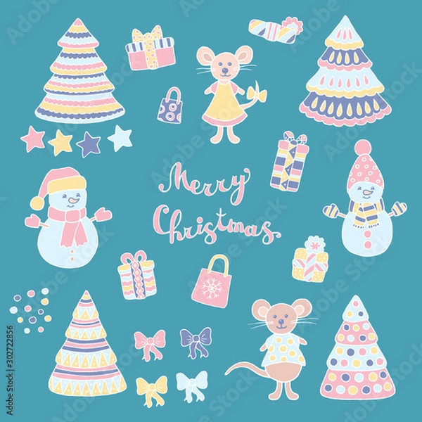 Fototapeta Festive set with Christmas trees, snowmen, mice, gifts, stars, confetti, bows