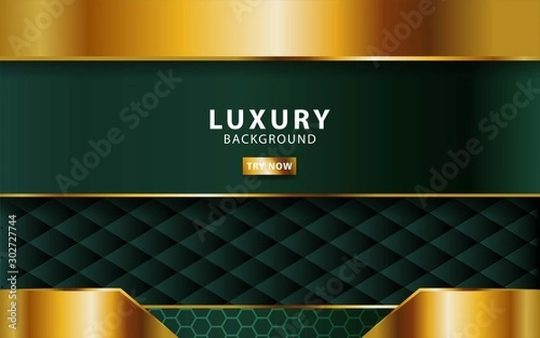 Obraz luxury abstract premium green vector background with gold line.Overlap layers with paper effect. digital template. Realistic light effect on textured hexagon background.vector illustration.