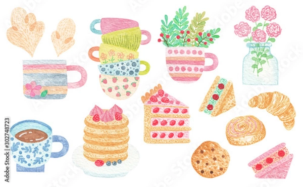 Obraz Watercolor cute set of Tea and Sweets elements - kettle, cookie, tea, cake, teapots, pancakes and other tasty food and drinks. Tea Time and Breakfast Time collection.