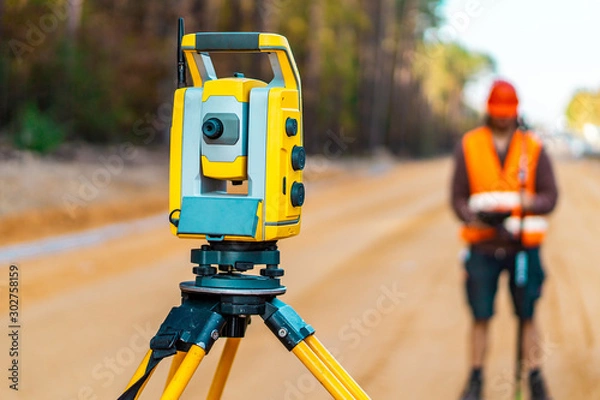 Fototapeta Surveyor engineer with equipment (theodolite or total positioning station) on the construction site of the road or building with construction machinery background