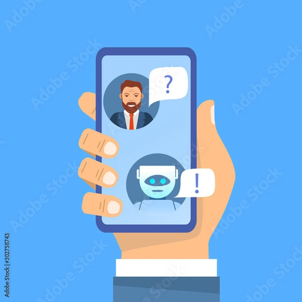 Fototapeta Artificial intelligence.Man chatting asks a question.Robot assistant.Guy asking bot for help.Flat vector.The hand holds the smartphone.