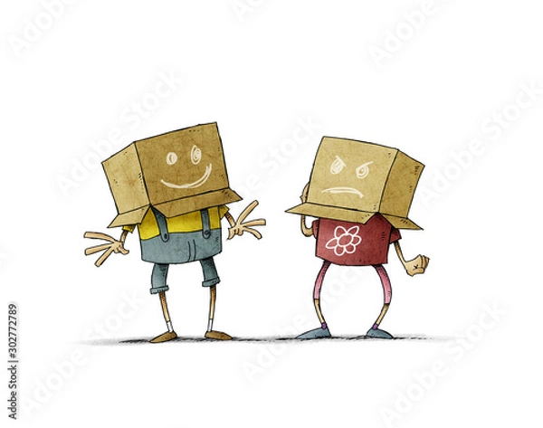Obraz Couple of children with a box on the head, a box has a cheerful face and the other an angry face. Concept of joy and anger. isolated