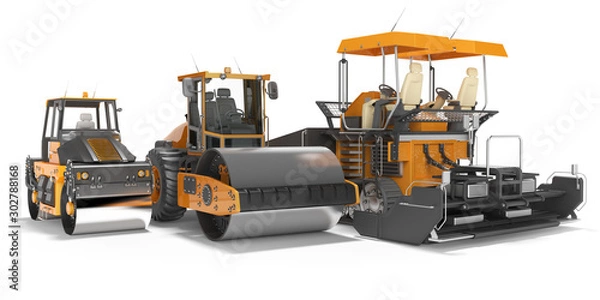 Fototapeta Concept paver large construction roller and small road roller 3d rendering on white background with shadow