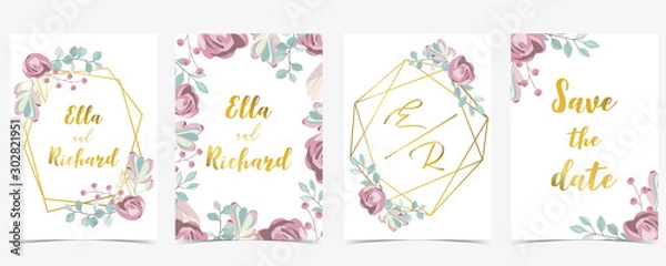 Fototapeta Pink white gold geometry wedding invitation with rose,flower,heart and leaves.Vector birthday invitation for kid and baby.Editable element