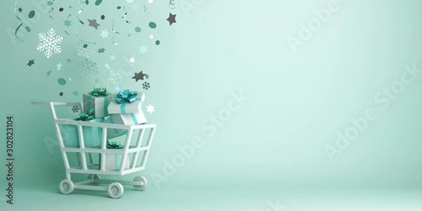 Fototapeta Winter abstract design creative concept, trolley cart, gift box, snow icon confetti glitter scattering on green mint background. 3D rendering illustration.