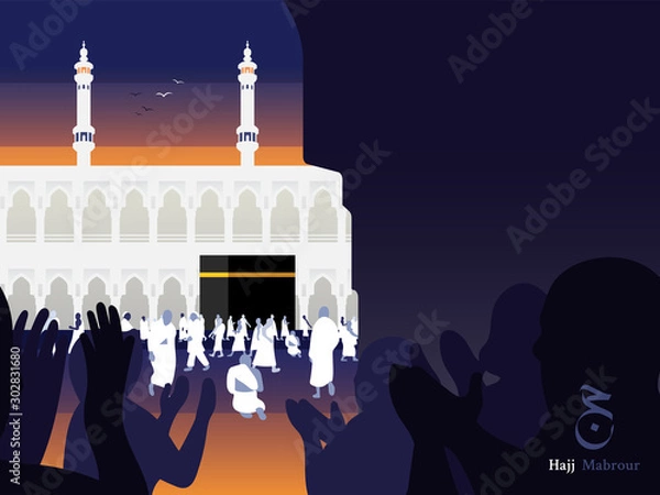 Obraz Dawn in the Hajj or Umrah illustration flat design vector background template and space for text 