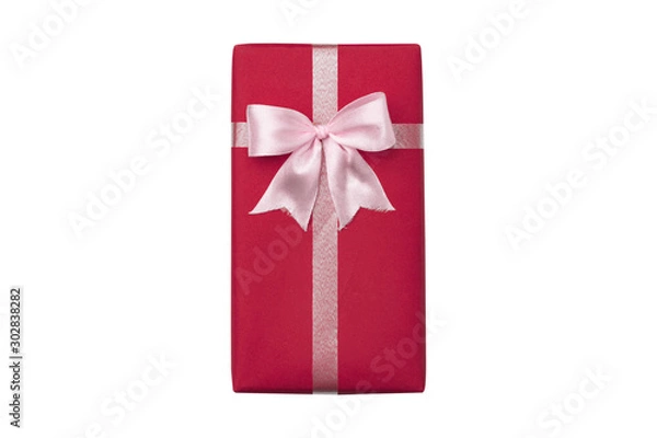 Obraz Red gift box, pink bow on white background top viwe.
