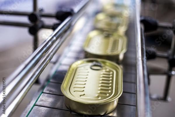 Fototapeta Tin can on the conveyor. Production of canned fish