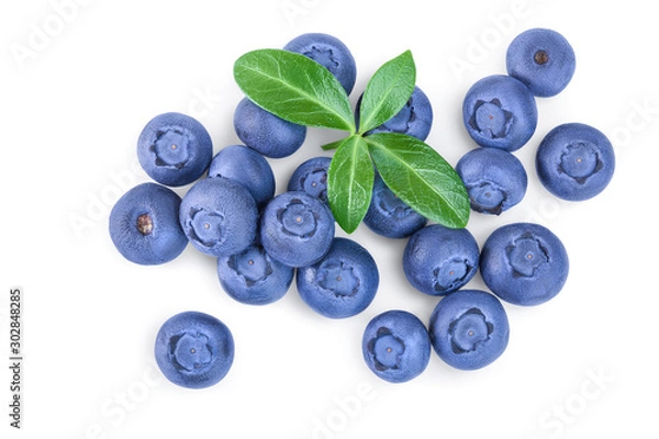 Fototapeta fresh ripe blueberry with leaves isolated on white background. Top view. Flat lay pattern