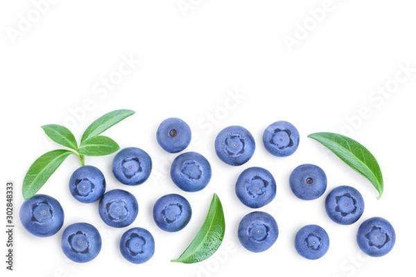 Fototapeta fresh ripe blueberry with leaf isolated on white background with copy space for your text. Top view. Flat lay pattern