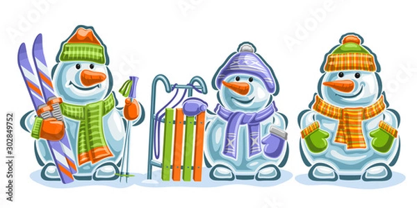Fototapeta Vector set of cute Snowmans, 3 cut out blue smiling snowmans with carrot noses, sled and sport skis in green and orange mittens, knitted scarves and colorful modern hats on white background.