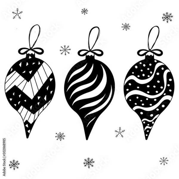 Fototapeta Set of hand drawn retro Christmas balls with ornament. New Year and X-mas decorations. Doodle illustration for coloring page.