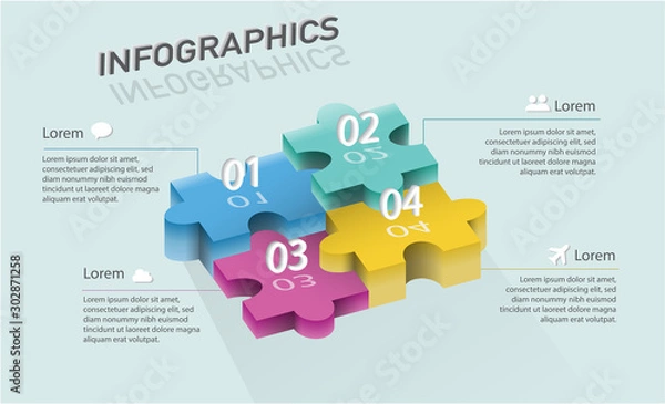 Fototapeta Modern infographic template with 3D jigsaw puzzle shape for 4 options or steps