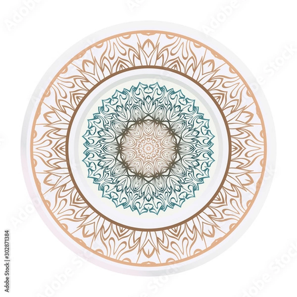 Fototapeta decorative plates for interior design. Empty dish, porcelain plate mock up design. Vector illustration. Decorative plates with Mandala ornament patterns. Home decor background.