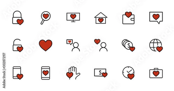 Obraz Friendship and love line icons. Interaction, mutual understanding and business promotion. Trust is love of home, and more, social responsibility icons. Linear set. Vector. Editable stroke. 480x480