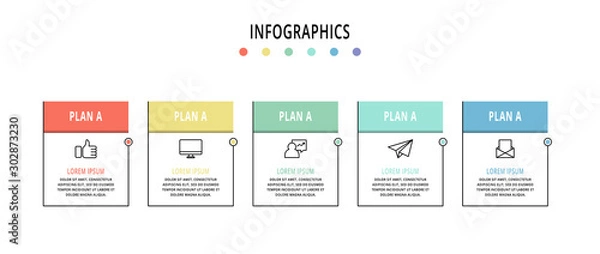 Obraz Vector infographic template with rectangles. Business data visualization with 5 options and marketing icons. Five steps for content, process, timeline, web, marketing, presentation, graph, diagrams