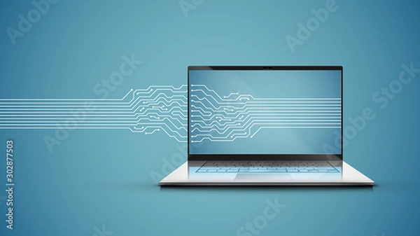 Obraz Realistic laptop with electric circuit map, vector illustration
