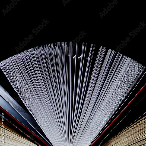 Fototapeta Colorful books open fan for reading stand on a black background