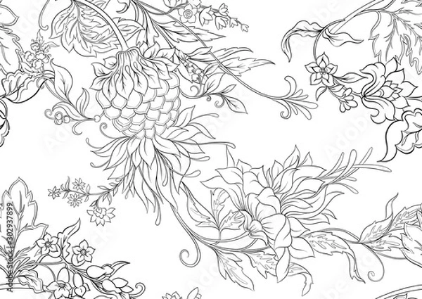 Fototapeta Fantasy flowers in retro, vintage, jacobean embroidery style. Seamless pattern, background. Outline hand drawing vector illustration..