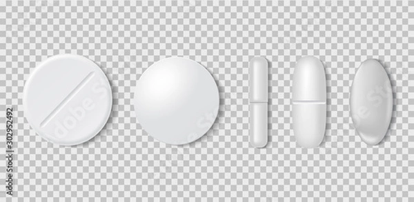 Fototapeta 3d realistic white medical pill or tablet on transparent background. Set of medical round pill and capsules in mockup style. Medical and healthcare concept. vector