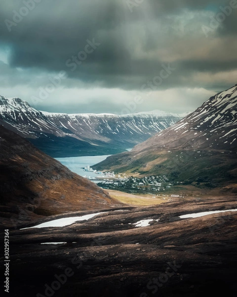 Fototapeta View of Seydisfjordur town from the top of the fjord