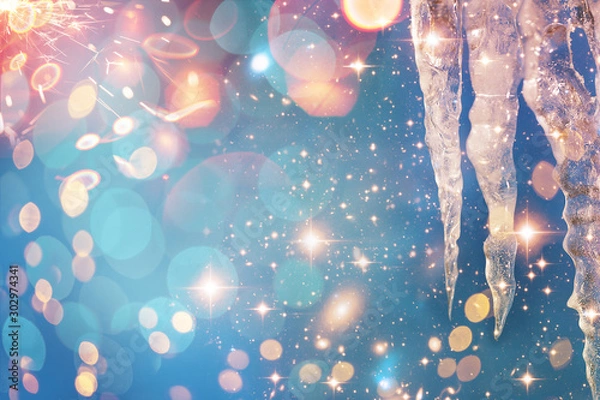 Fototapeta Christmas and New Year holidays background with icicle. Glitter lights backdrop. Winter season. Text space. Closeup of icicle. Elements of this Image Furnished by NASA.