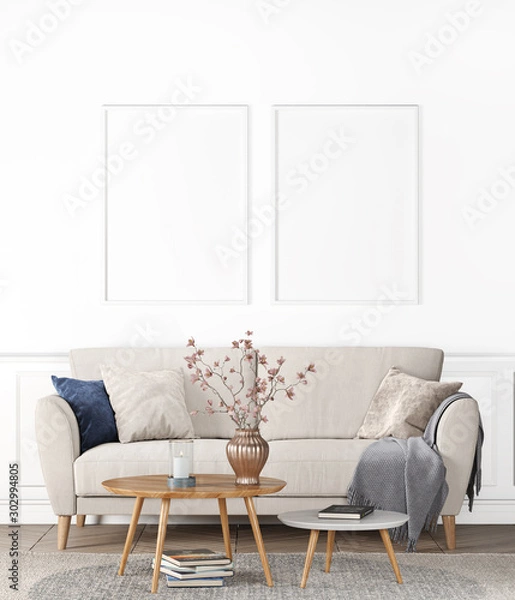 Fototapeta Mock Up Double Poster Frames In Modern Interior Background, Scandinavian Style, living Room, 3D render, 3D illustration