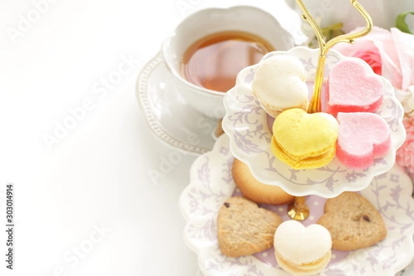 Obraz Heart shaped candy and cookie for afternoon tea image