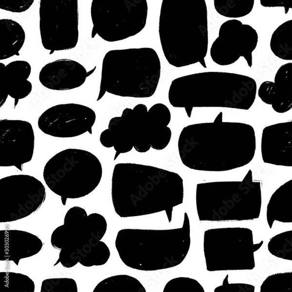 Fototapeta Speech bubble vector seamless pattern. Hand drawn set of black and white comic elements.