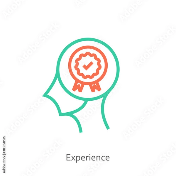 Fototapeta Experience icon concept with winning check mark medal inside in the drawing of human brain isolated on white background, vector and illustration.