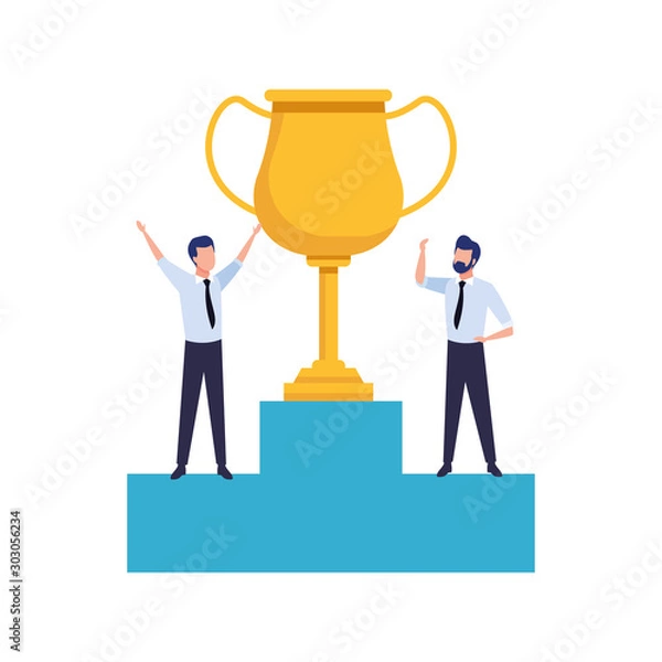 Fototapeta podium with big trophy and excited businessman icon
