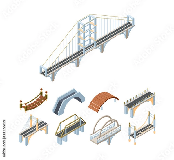 Fototapeta Wooden and concrete bridges isometric 3D vector illustrations set