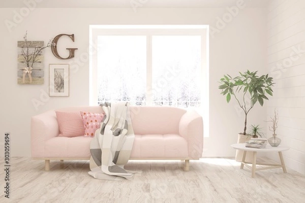 Fototapeta Stylish room in white color with sofa. Scandinavian interior design. 3D illustration