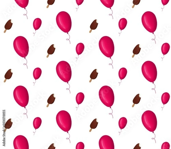 Fototapeta Seamless background with balloons and ice cream on a stick. Children's holiday. Isolated on white background. Printing on gift bags, bookends, packaging, wrappers, fabric.