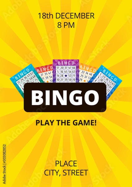 Obraz Vivid stylish bingo poster with yellow glowing background and tickets. Vector flyer, invitation or banner for lottery with sample text. A4 standard scaled format