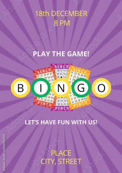 Obraz Bingo poster templates with violet background, balls and lottery tickets. Vector flyer, card or banner for festive event with sample text. A4 standard scaled format