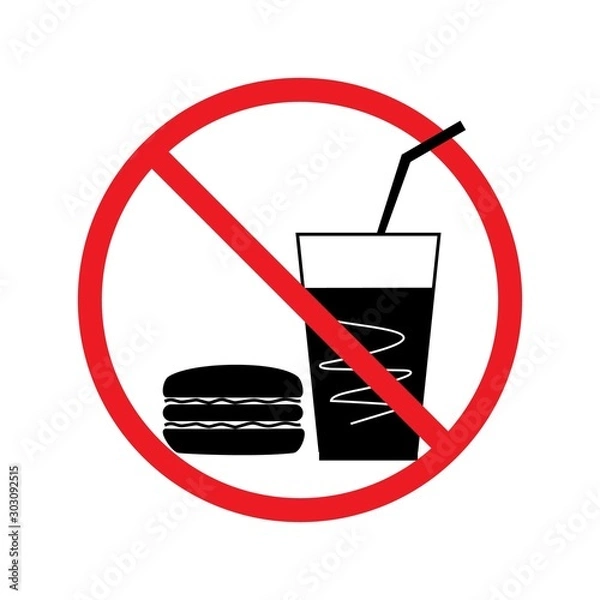 Fototapeta No food and drink set sign. Silhouette hamburger drink in red circle. Sign no meal on white background. Label no eating. Symbol forbidden fast food for poster banner. Card warning. Vector illustration