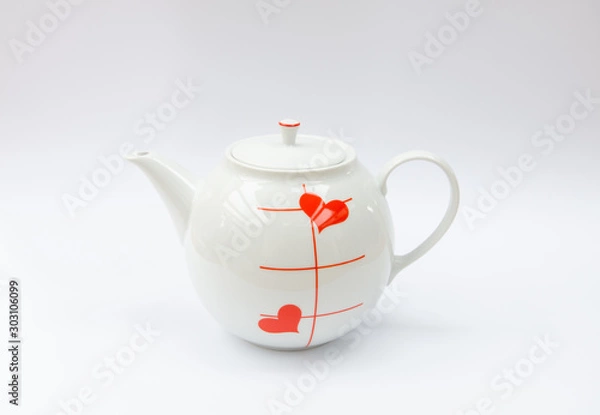 Fototapeta Porcelain coffee or tea pitcher, kettle, can, jug - with heart pattern - retro modcentury mass product china ware isolated