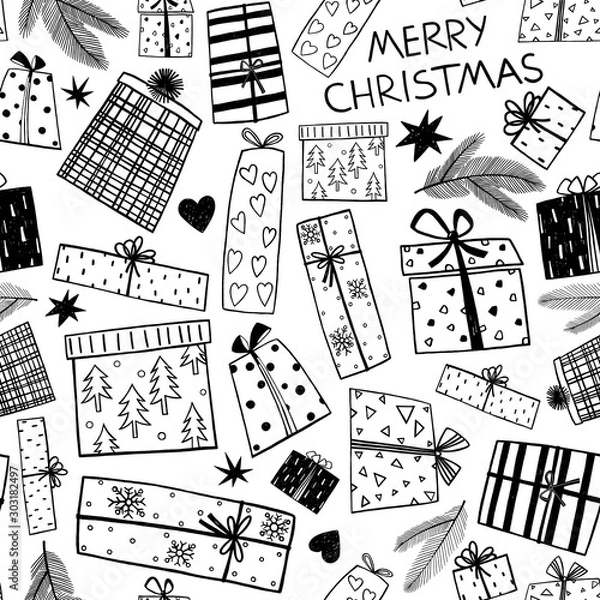 Obraz Christmas icons seamless pattern, gift seamless pattern. Happy Winter Holiday tile background. Doodle outline ornamental design elements. Isolated on white background.