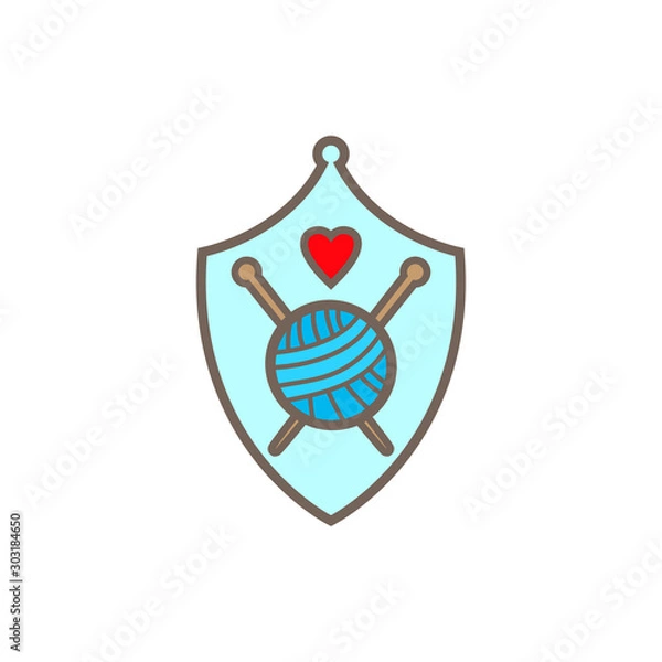Fototapeta Knitting vector emblem. Icon for products of wool. Sign with ball of yarn, knitting needles and heart