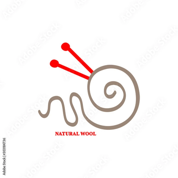 Fototapeta Natural wool and knitting logo. Curved beige thread and red knitting needles. Isolated vector illustration, label element