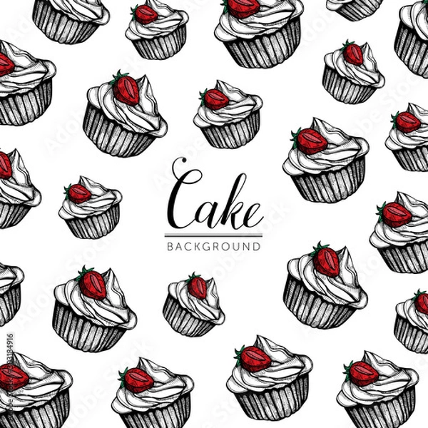 Fototapeta Pattern illustration in hand drawn style with cupcakes. Sweet design. For design textiles, fabric, packaging, paper, surface decoration, background.