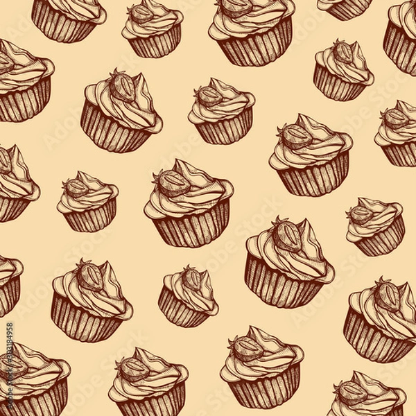 Fototapeta Pattern illustration in hand drawn style with cupcakes. Sweet design. For design textiles, fabric, packaging, paper, surface decoration, background.