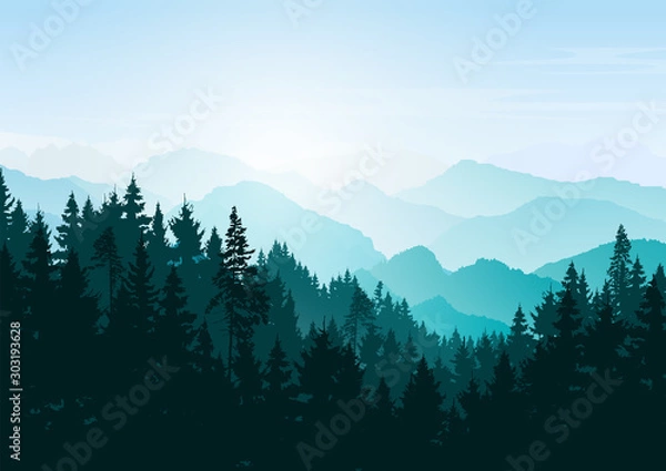 Fototapeta Mountain  landscape. Mountains and coniferous forest. Tourism and travelling. Vector silhouette. Christmas forest. Background for web page, internet site.