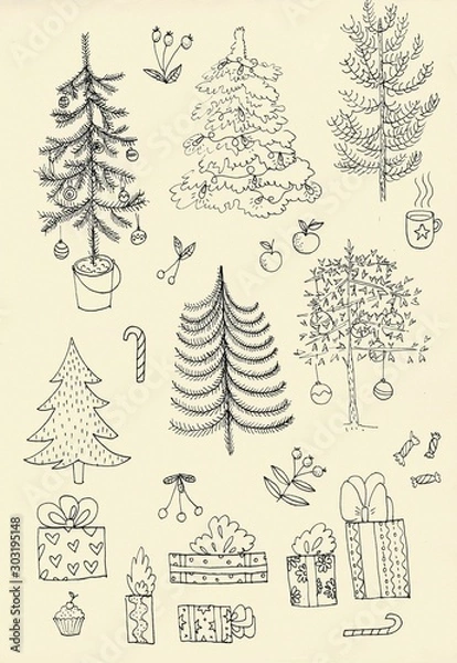 Fototapeta A set of Christmas trees and gifts, line