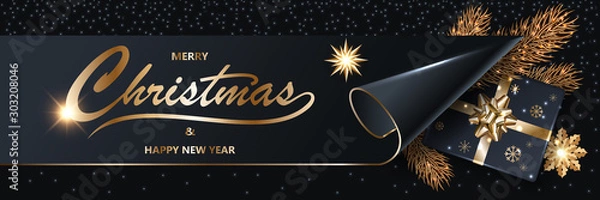 Fototapeta Merry Chistmas and Happy New Year 2020 shining Xmas luxury black glitter background with gold text, confetti, fir tree, gift box with a golden ribbon and bow, vector illustration.