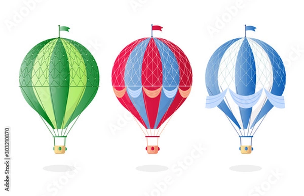 Fototapeta Vintage retro hot air balloon with basket in sky isolated on background. Vector cartoon design
